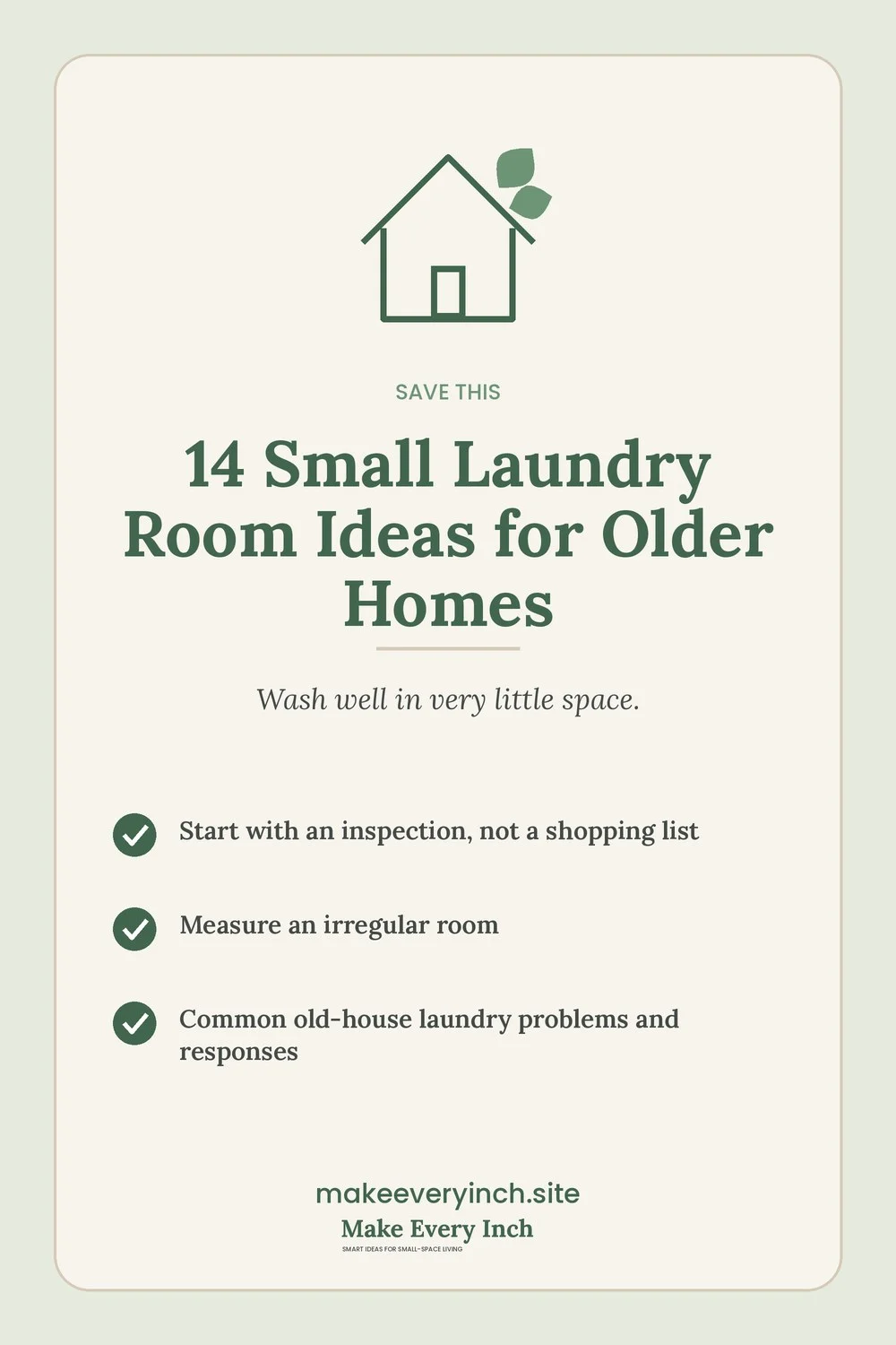 Save-this Pinterest pin with a short checklist for: 14 Small Laundry Room Ideas for Older Homes