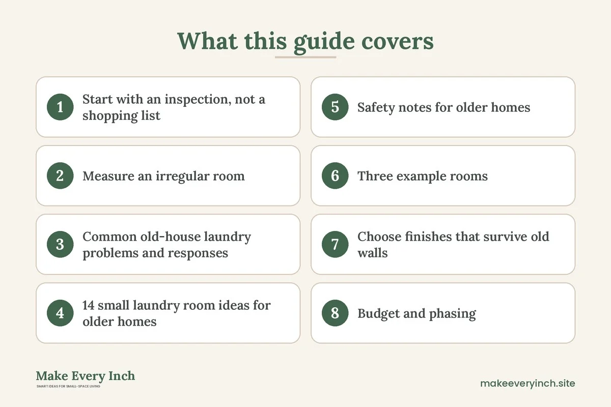 Graphic listing 8 topics covered in: 14 Small Laundry Room Ideas for Older Homes