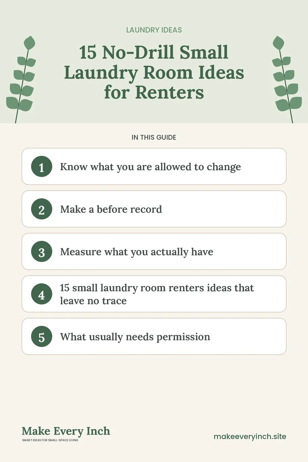 Pinterest pin listing the main topics in: 15 No-Drill Small Laundry Room Ideas for Renters