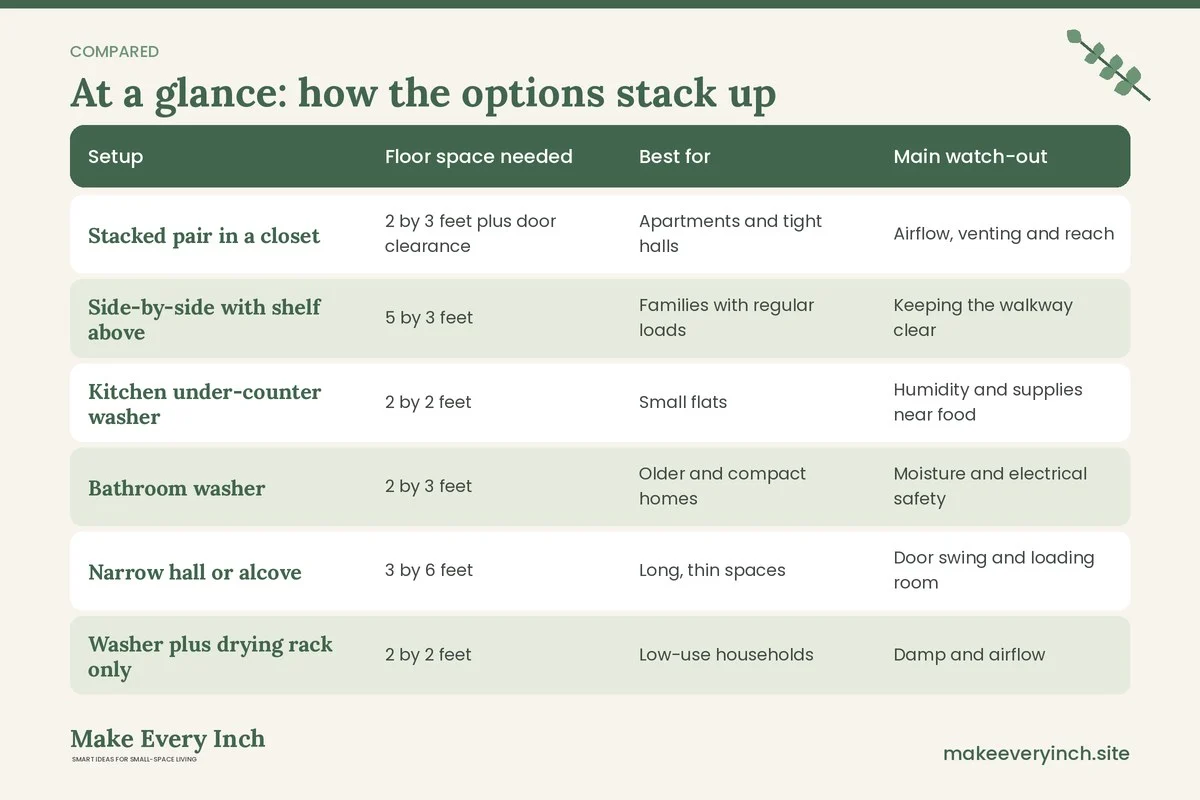 Comparison table of options for: Small Laundry Room Ideas (Setup, Floor space needed, Best for, Main watch-out)