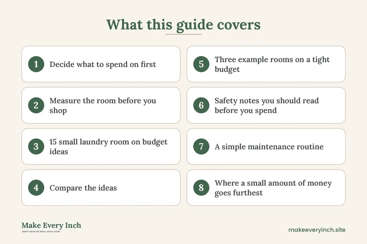 Graphic listing 8 topics covered in: 15 Small Laundry Room Ideas on a Budget That Work