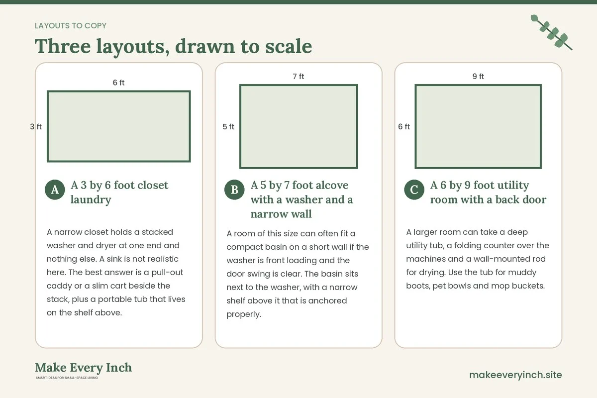 Three room layouts drawn to scale with dimensions and placement notes for: 13 Small Laundry Room Ideas with a Sink for Tight Utility Spaces