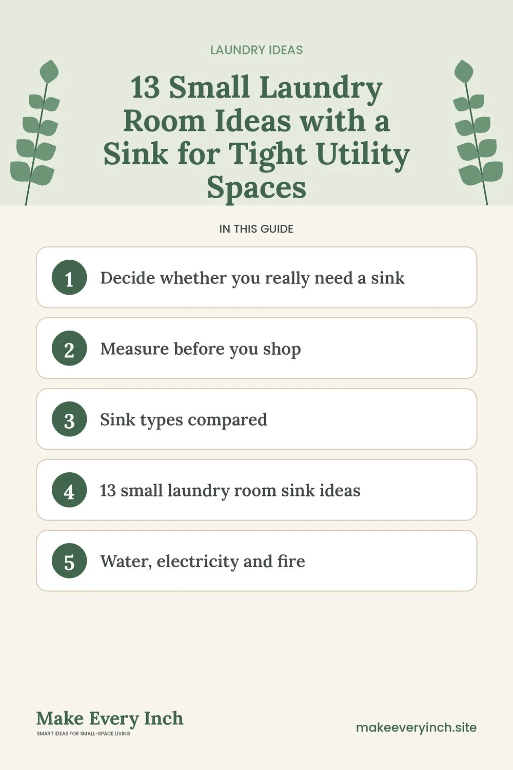 Pinterest pin listing the main topics in: 13 Small Laundry Room Ideas with a Sink for Tight Utility Spaces