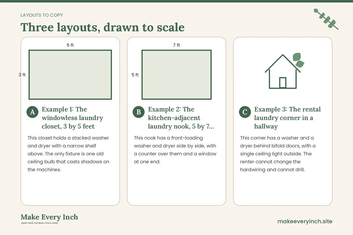 Three room layouts drawn to scale with dimensions and placement notes for: 15 Small Laundry Room Lighting Ideas for Bright, Safe Spaces