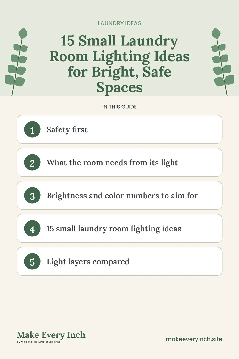 Pinterest pin listing the main topics in: 15 Small Laundry Room Lighting Ideas for Bright, Safe Spaces