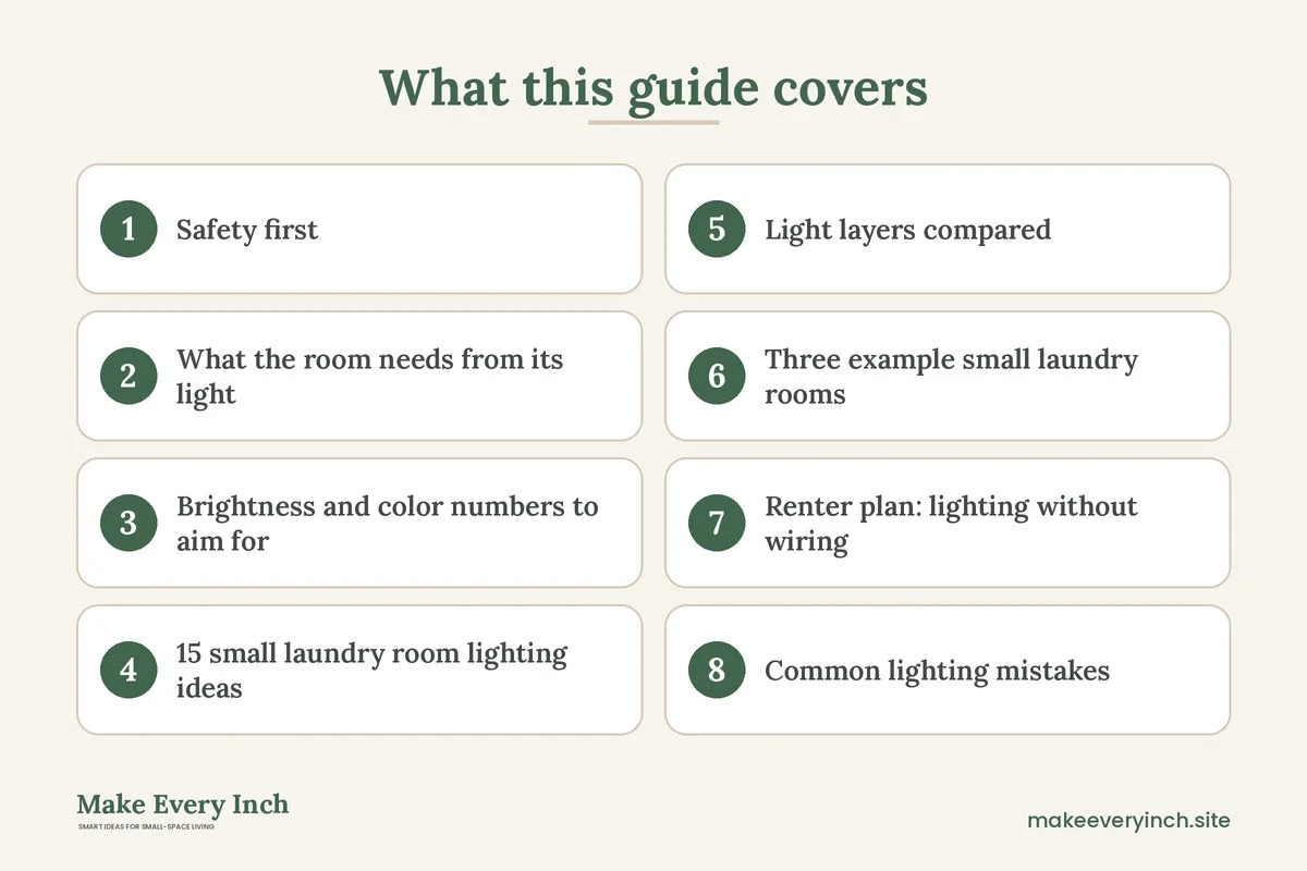 Graphic listing 8 topics covered in: 15 Small Laundry Room Lighting Ideas for Bright, Safe Spaces
