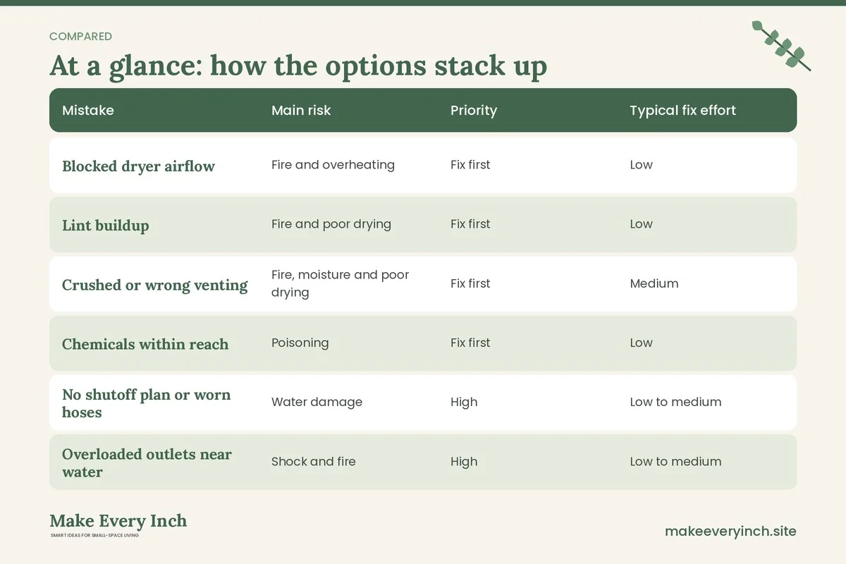 Comparison table of options for: 15 Small Laundry Room Mistakes to Avoid (Mistake, Main risk, Priority, Typical fix effort)