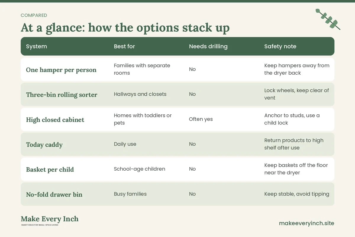 Comparison table of options for: 14 Small Laundry Room Organization Systems for Families (System, Best for, Needs drilling, Safety note)