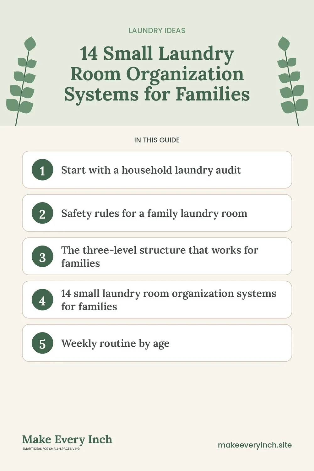 Pinterest pin listing the main topics in: 14 Small Laundry Room Organization Systems for Families