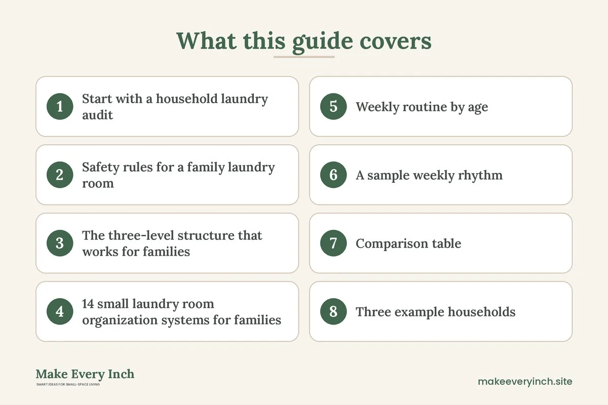 Graphic listing 8 topics covered in: 14 Small Laundry Room Organization Systems for Families