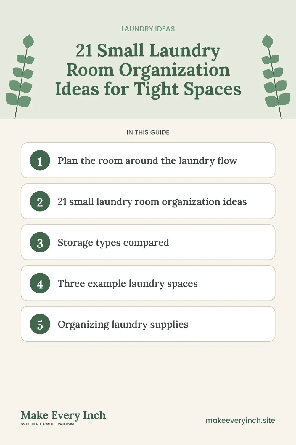 Pinterest pin listing the main topics in: 21 Small Laundry Room Organization Ideas for Tight Spaces