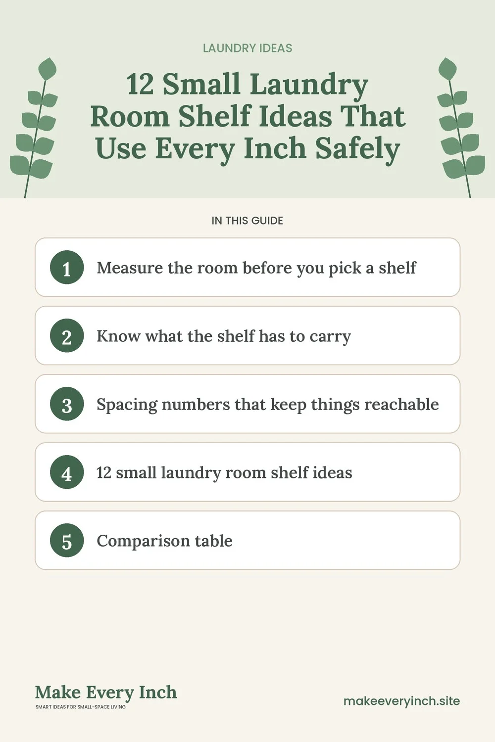 Pinterest pin listing the main topics in: 12 Small Laundry Room Shelf Ideas That Use Every Inch Safely