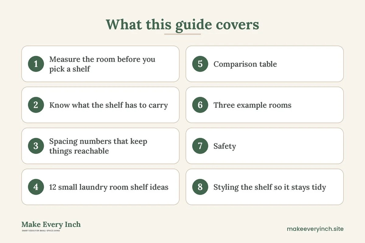 Graphic listing 8 topics covered in: 12 Small Laundry Room Shelf Ideas That Use Every Inch Safely