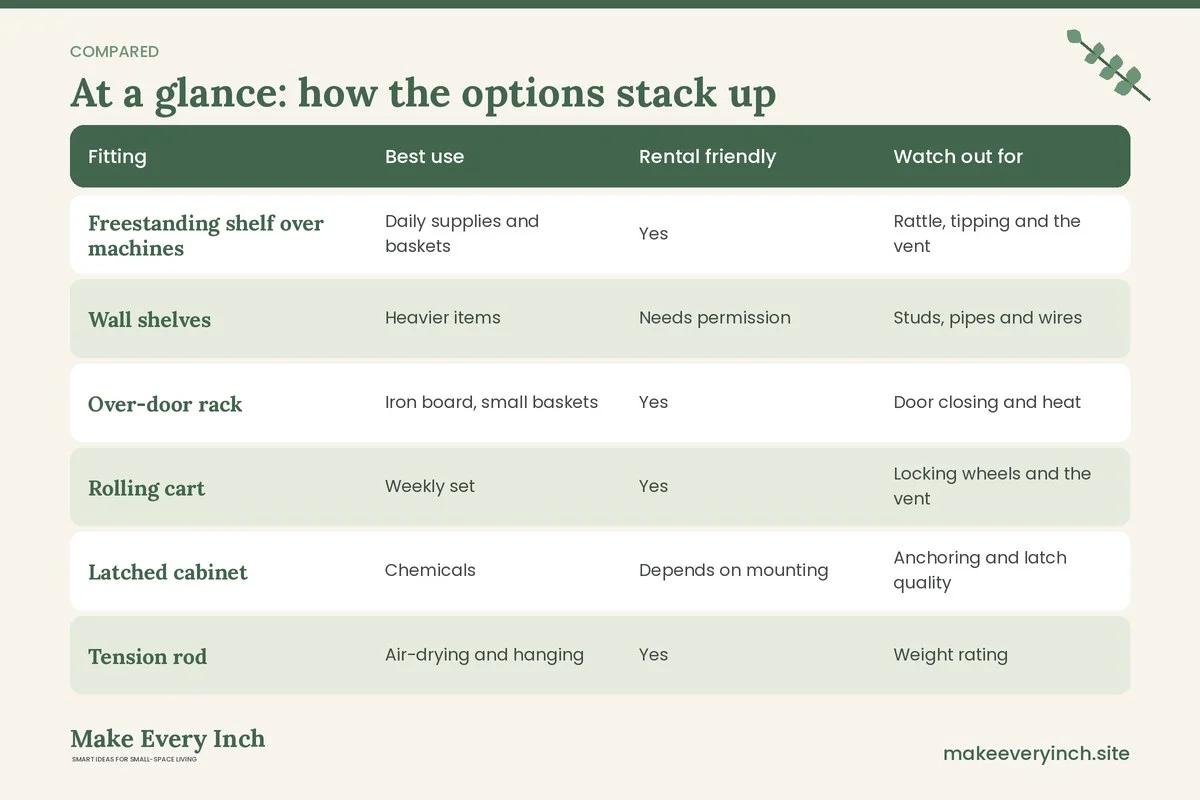 Comparison table of options for: 18 Small Laundry Room Storage Ideas by Zone, Height and Reach (Fitting, Best use, Rental friendly, Watch out for)