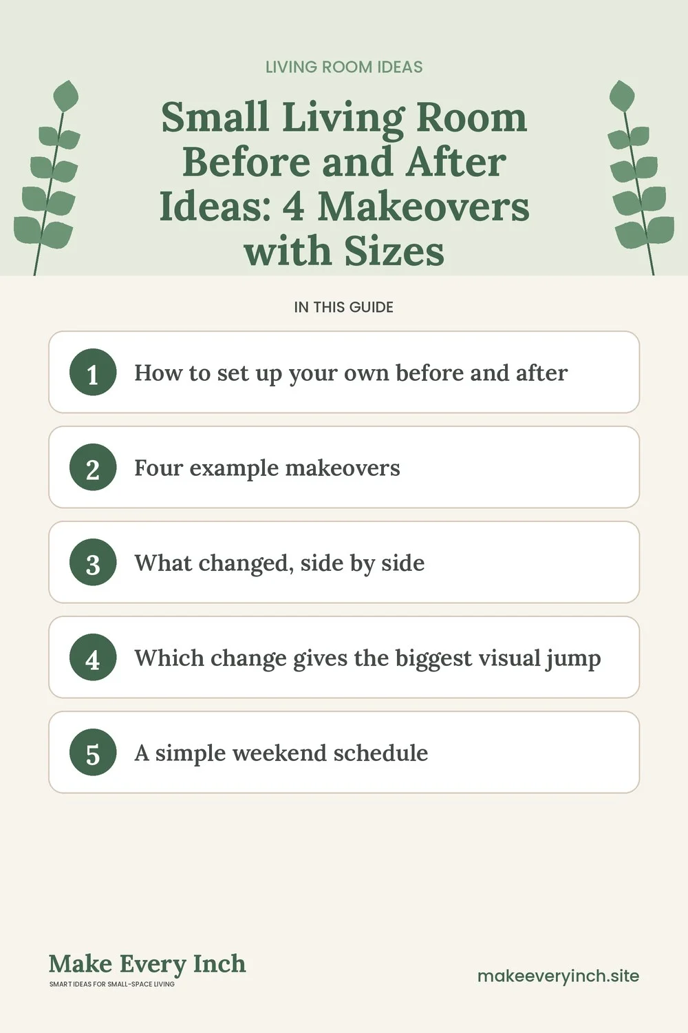 Pinterest pin listing the main topics in: Small Living Room Before and After Ideas