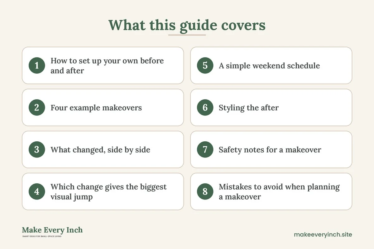 Graphic listing 8 topics covered in: Small Living Room Before and After Ideas