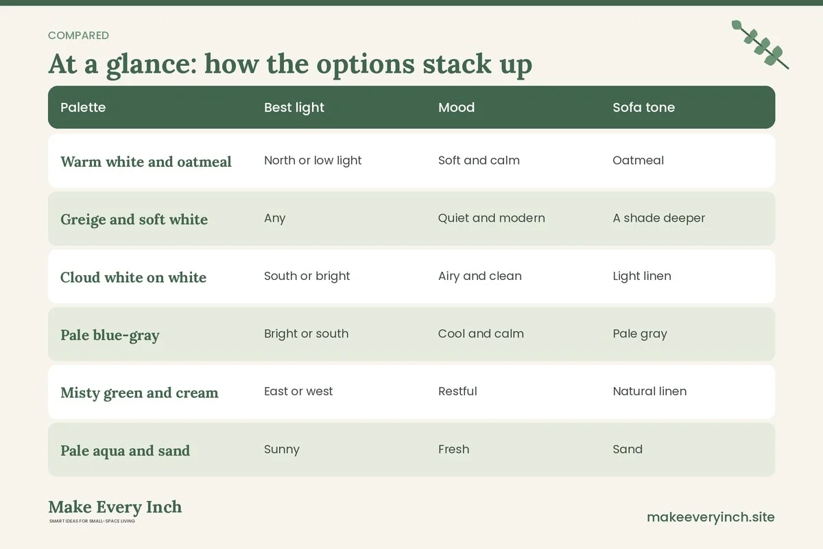 Comparison table of options for: 9 Small Living Room Color Schemes That Feel Open (Palette, Best light, Mood, Sofa tone)