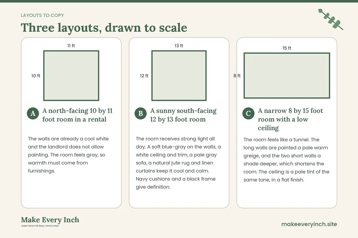 Three room layouts drawn to scale with dimensions and placement notes for: 9 Small Living Room Color Schemes That Feel Open