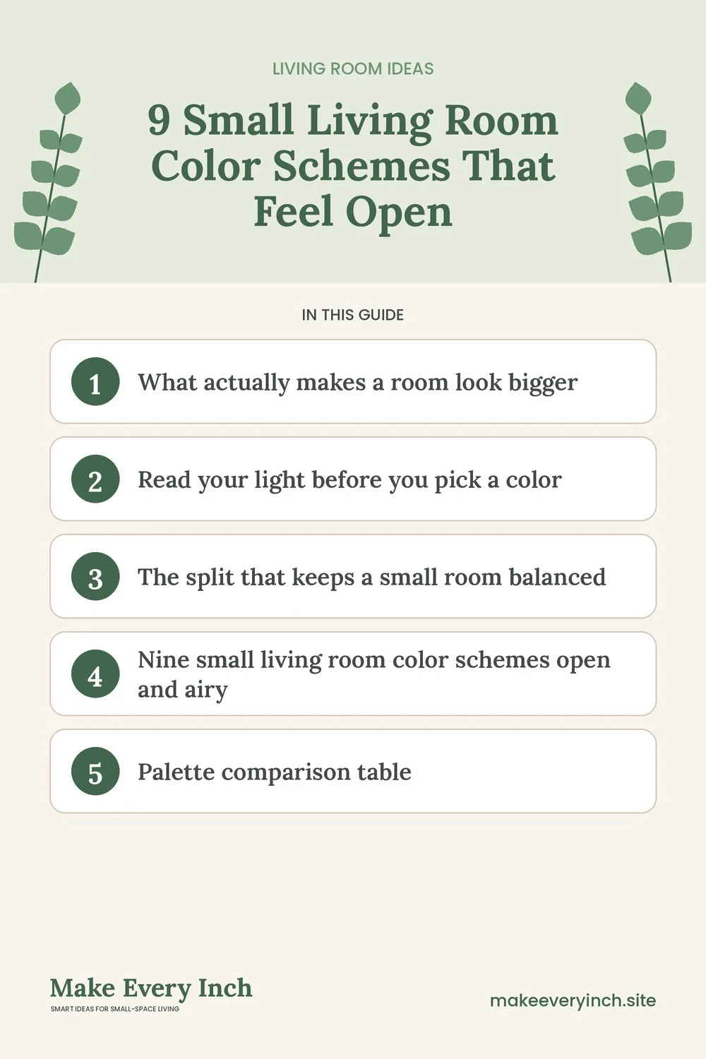 Pinterest pin listing the main topics in: 9 Small Living Room Color Schemes That Feel Open