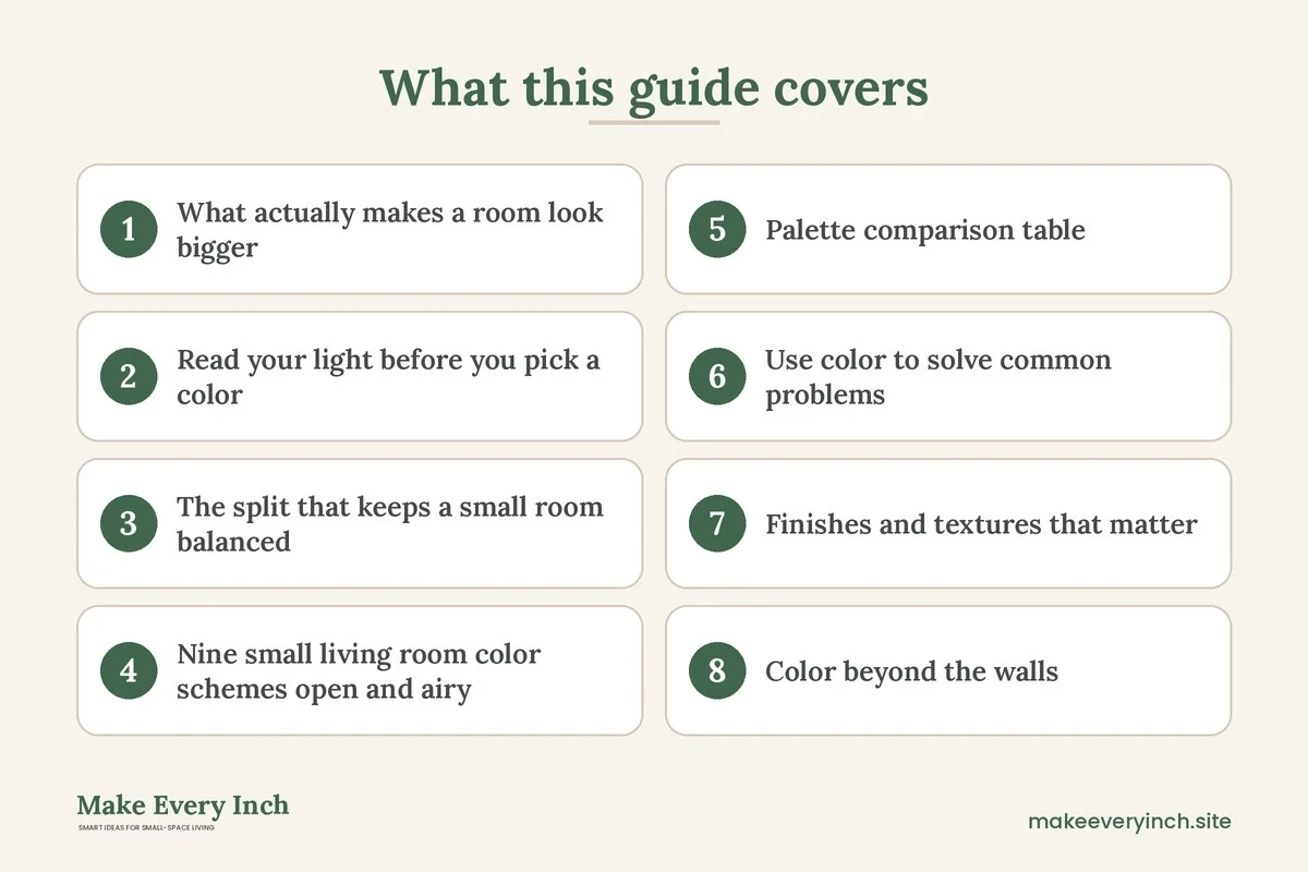Graphic listing 8 topics covered in: 9 Small Living Room Color Schemes That Feel Open