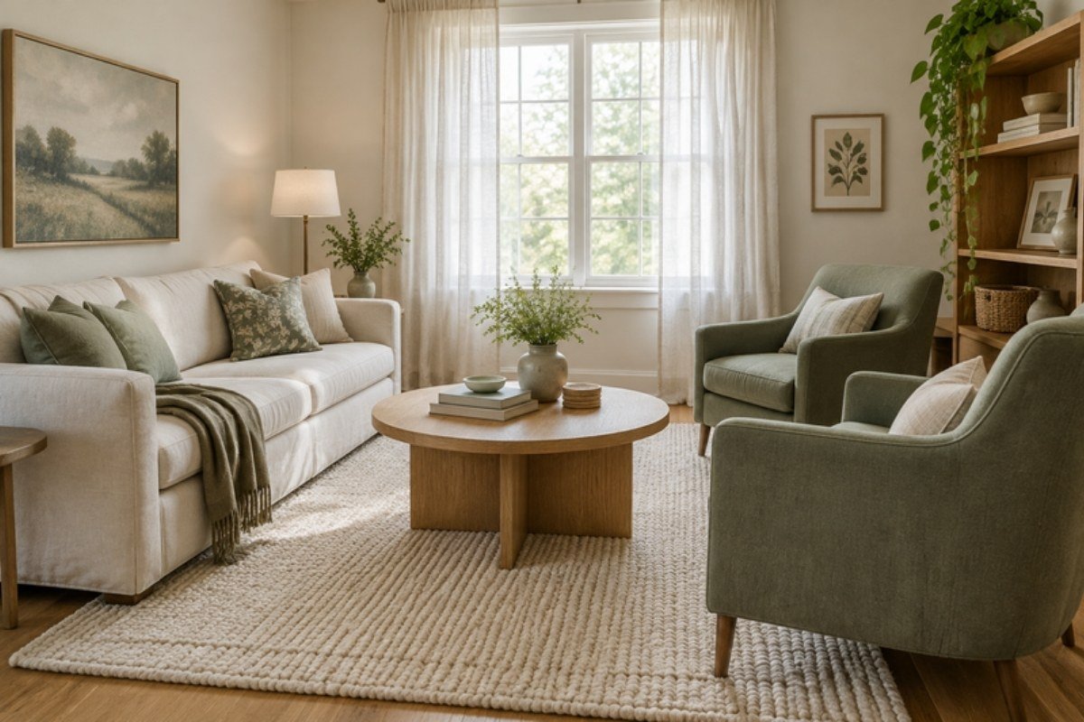 Small living room with a cream sofa, two sage green armchairs and a round light oak coffee table on a woven rug