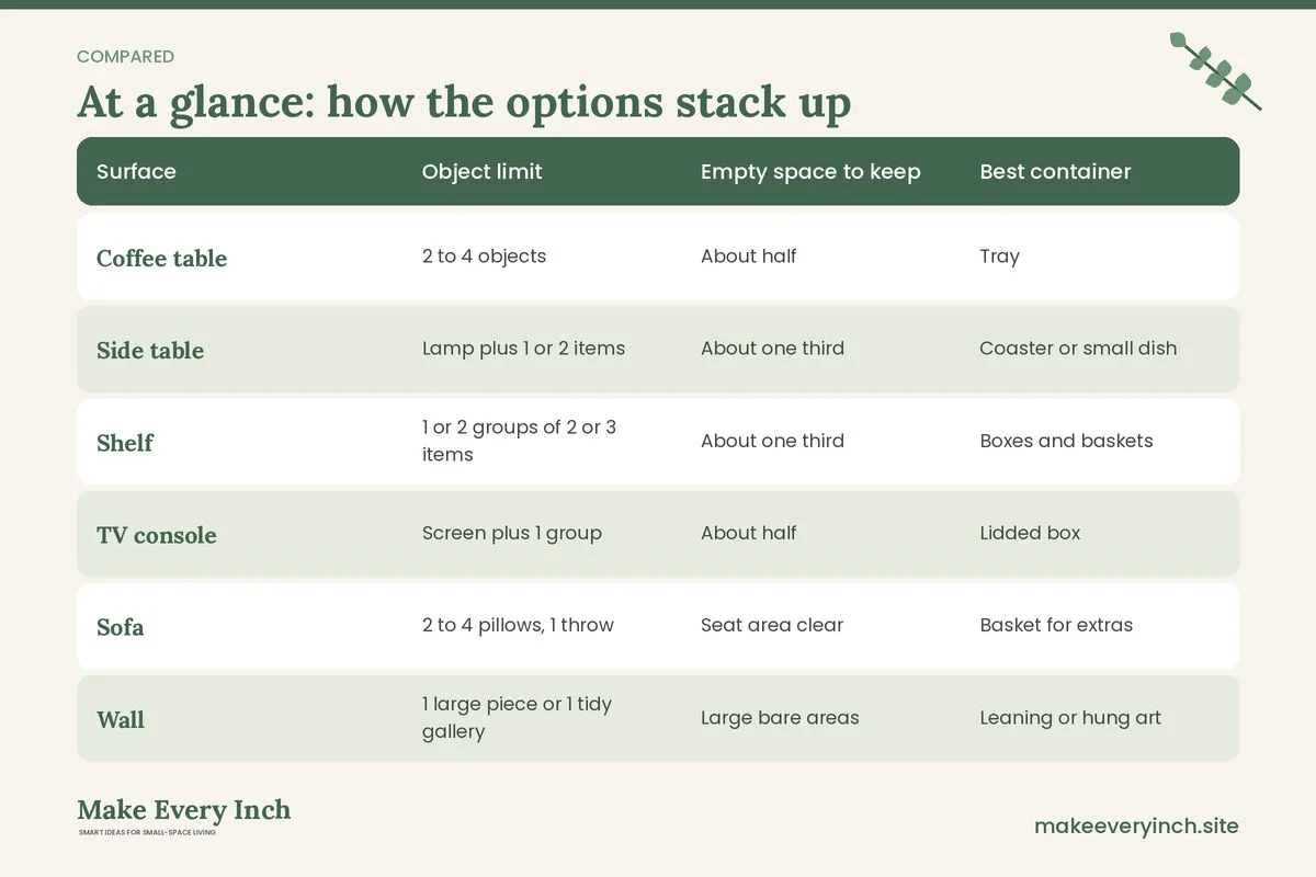 Comparison table of options for: 14 Small Living Room Decor Ideas That Avoid Clutter (Surface, Object limit, Empty space to keep, Best container)