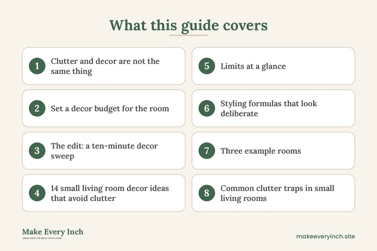 Graphic listing 8 topics covered in: 14 Small Living Room Decor Ideas That Avoid Clutter