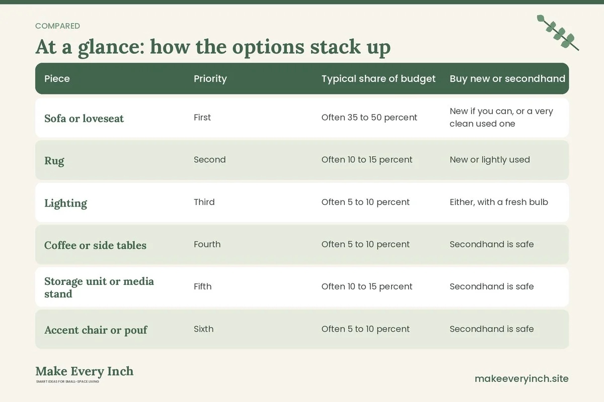Comparison table of options for: Small Living Room Furniture Ideas Budget Guide (Piece, Priority, Typical share of budget, Buy new or secondhand)