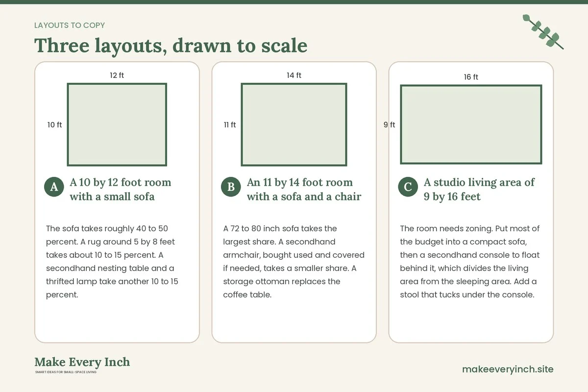 Three room layouts drawn to scale with dimensions and placement notes for: Small Living Room Furniture Ideas Budget Guide