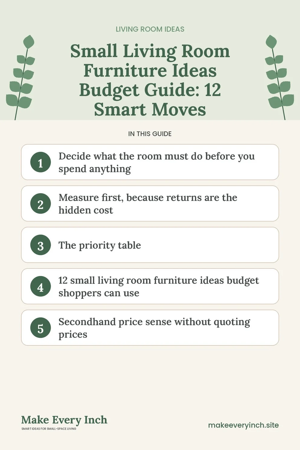 Pinterest pin listing the main topics in: Small Living Room Furniture Ideas Budget Guide