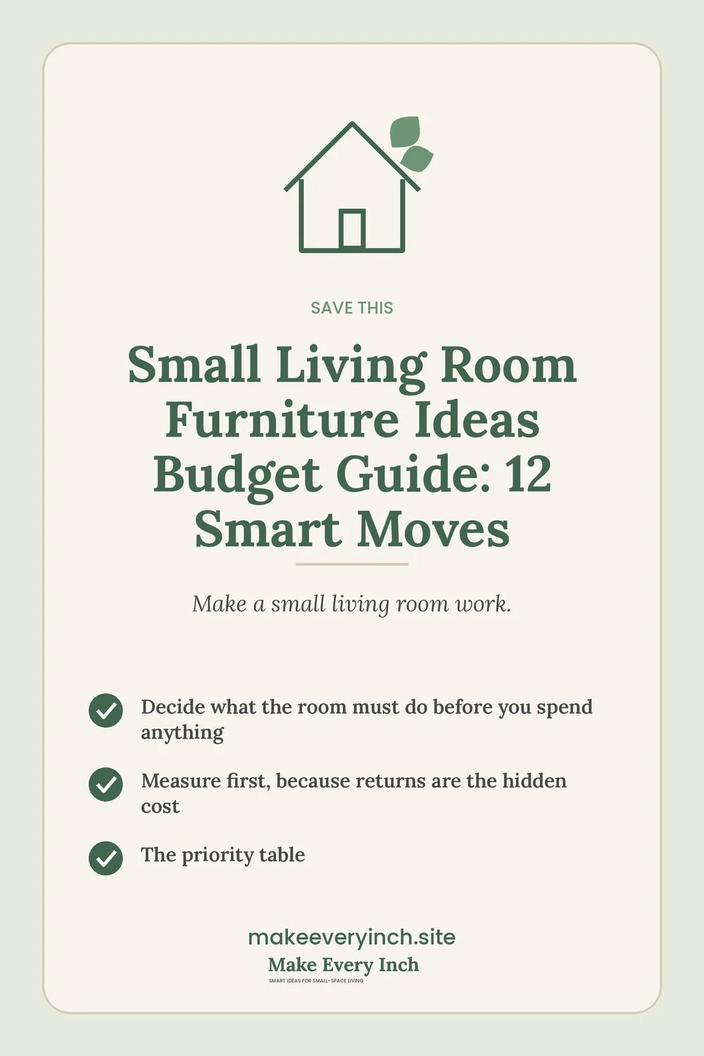 Save-this Pinterest pin with a short checklist for: Small Living Room Furniture Ideas Budget Guide