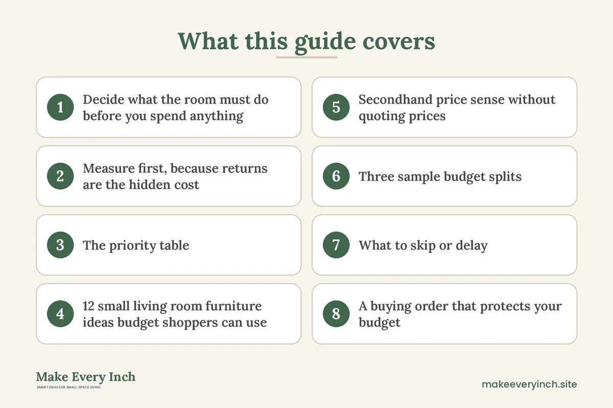 Graphic listing 8 topics covered in: Small Living Room Furniture Ideas Budget Guide