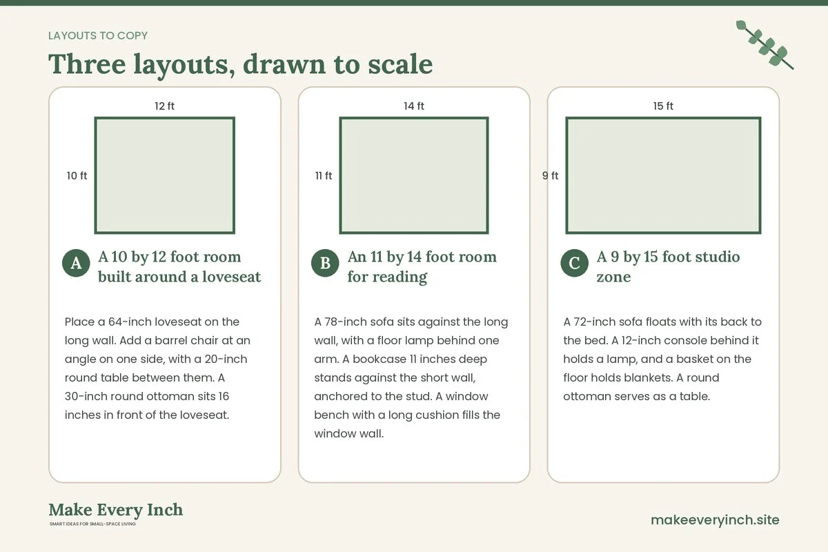 Three room layouts drawn to scale with dimensions and placement notes for: 14 Small Living Room Furniture Ideas Cozy Enough to Linger In