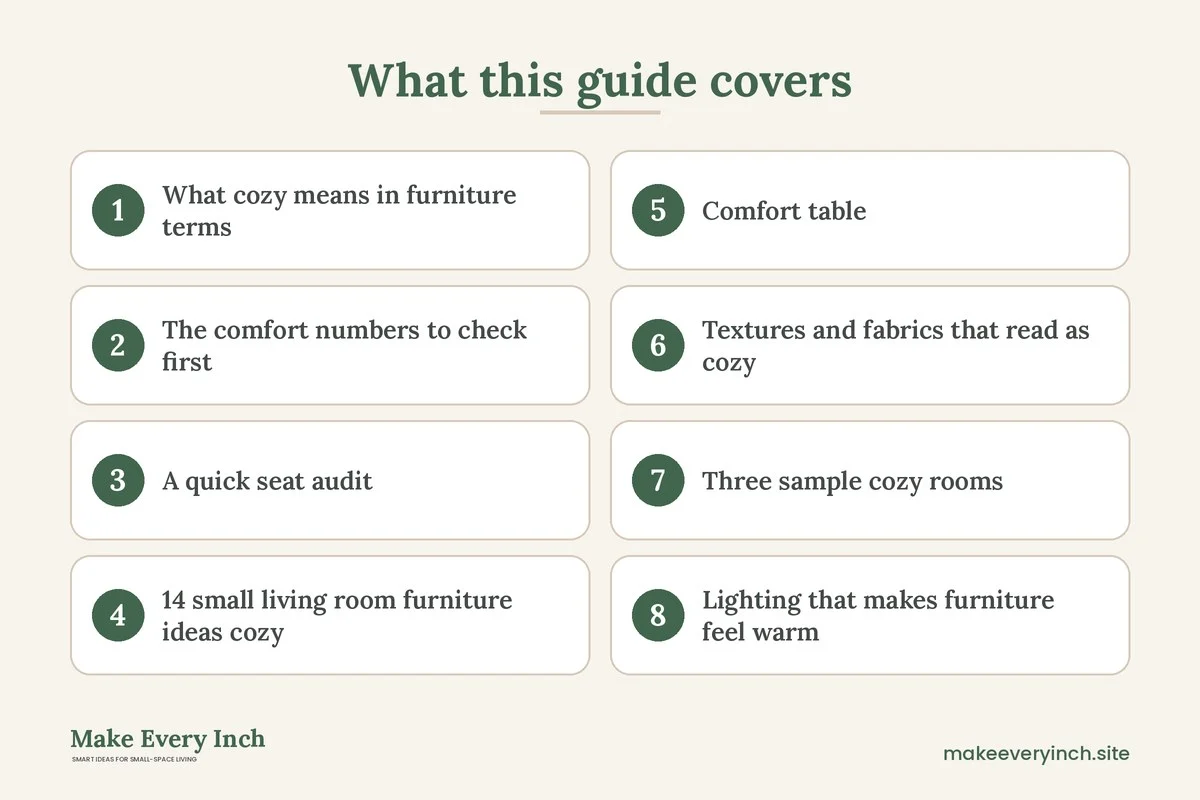 Graphic listing 8 topics covered in: 14 Small Living Room Furniture Ideas Cozy Enough to Linger In