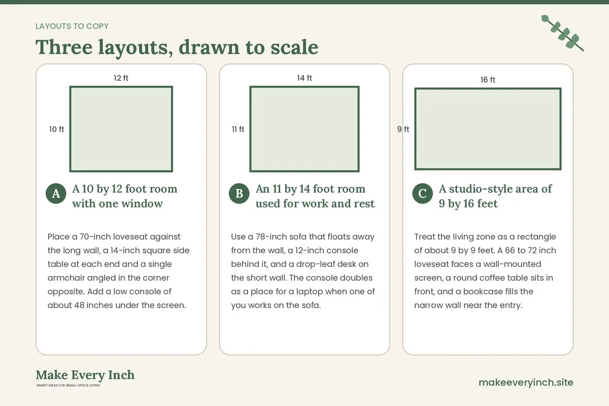 Three room layouts drawn to scale with dimensions and placement notes for: 15 Small Living Room Furniture Ideas for Couples That Share One Space