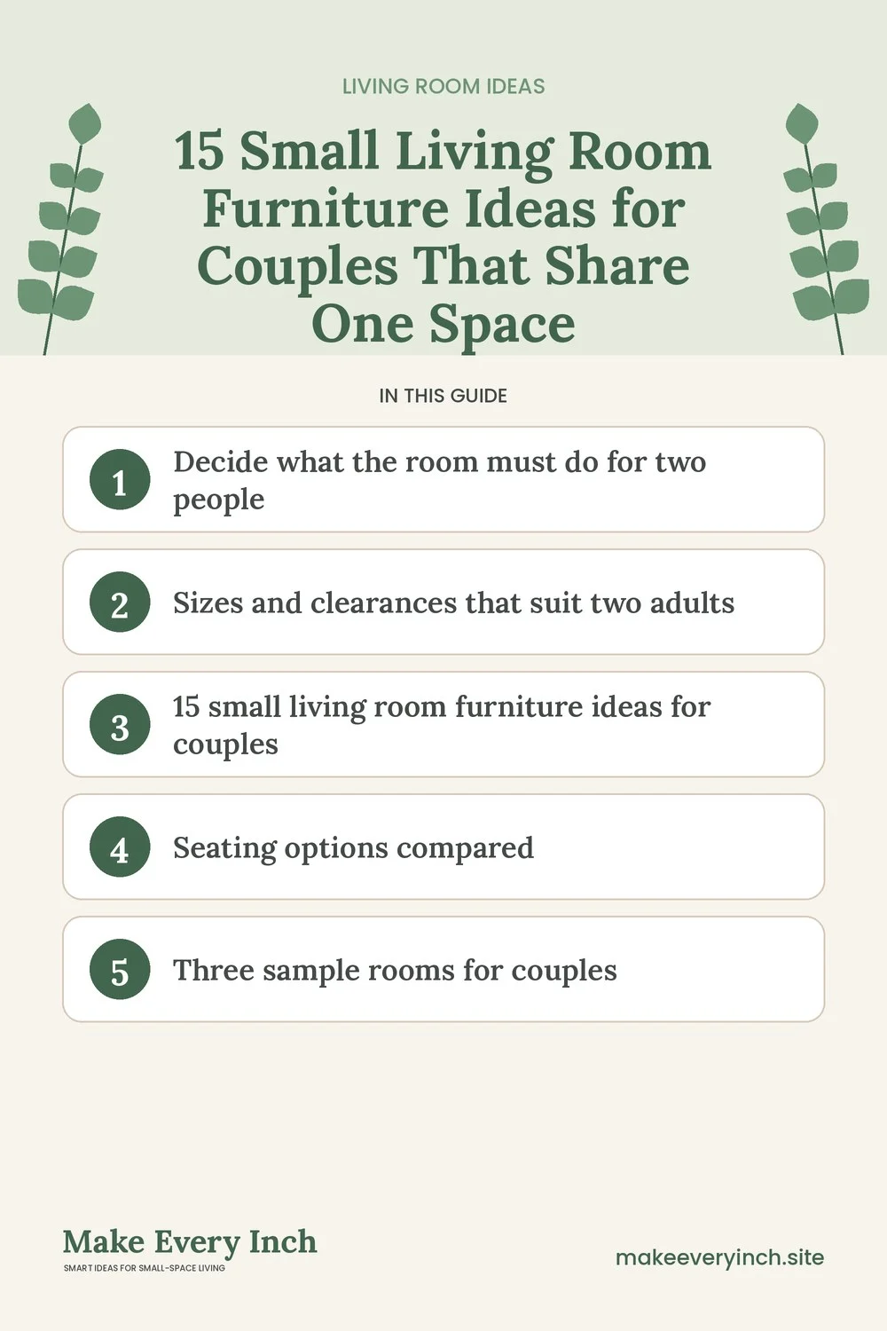 Pinterest pin listing the main topics in: 15 Small Living Room Furniture Ideas for Couples That Share One Space