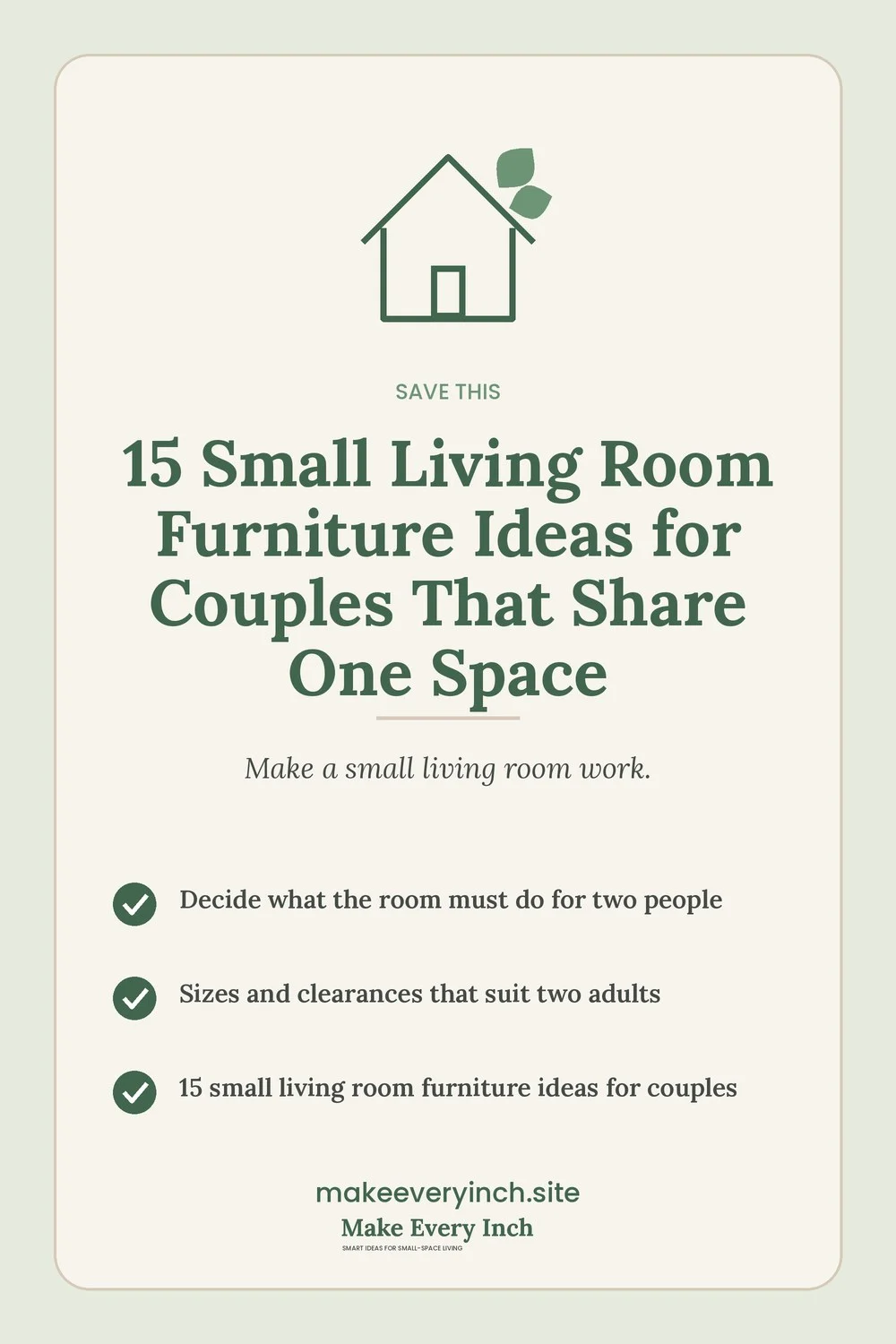 Save-this Pinterest pin with a short checklist for: 15 Small Living Room Furniture Ideas for Couples That Share One Space