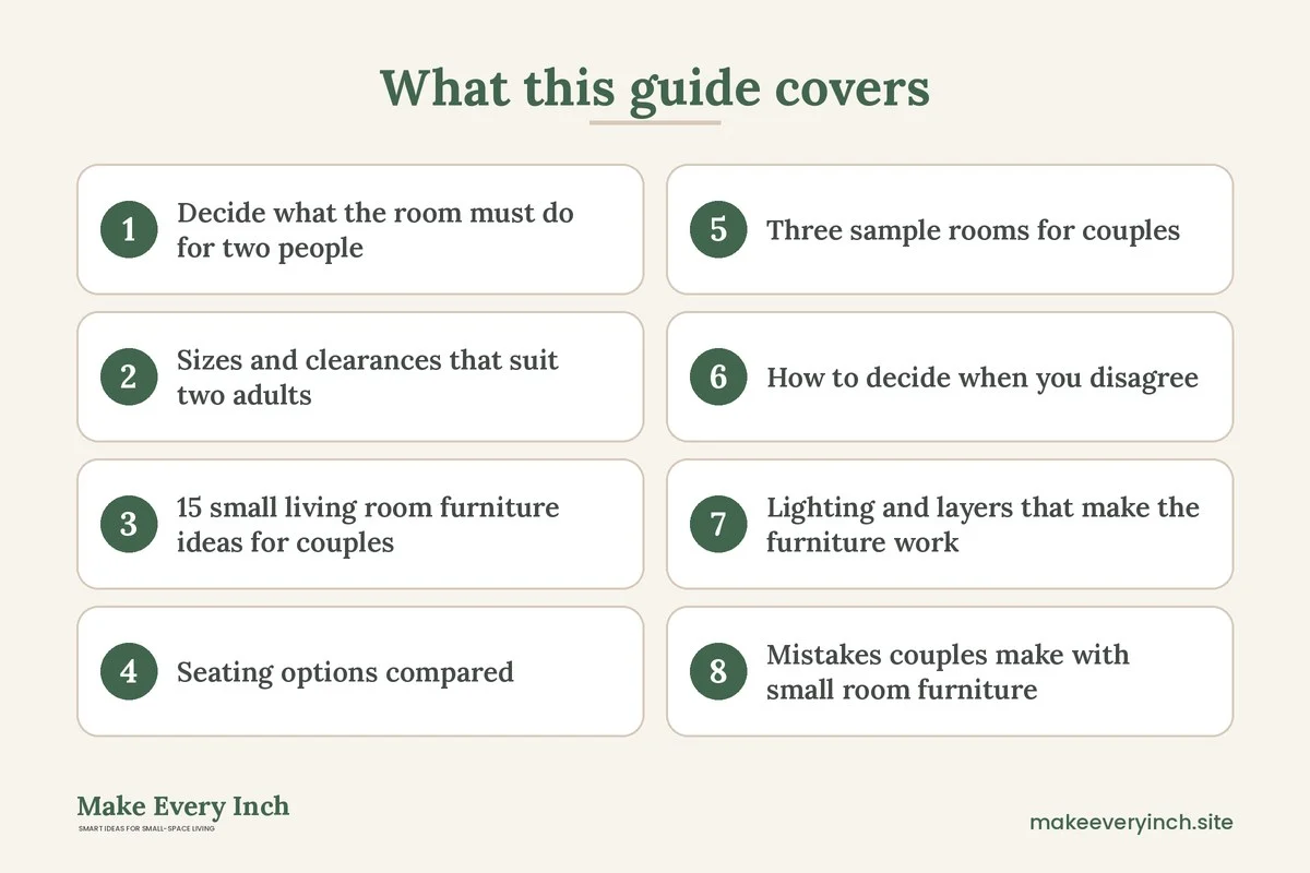 Graphic listing 8 topics covered in: 15 Small Living Room Furniture Ideas for Couples That Share One Space