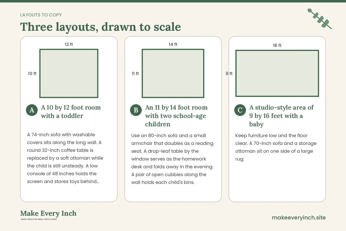 Three room layouts drawn to scale with dimensions and placement notes for: 15 Small Living Room Furniture Ideas for Families With Kids