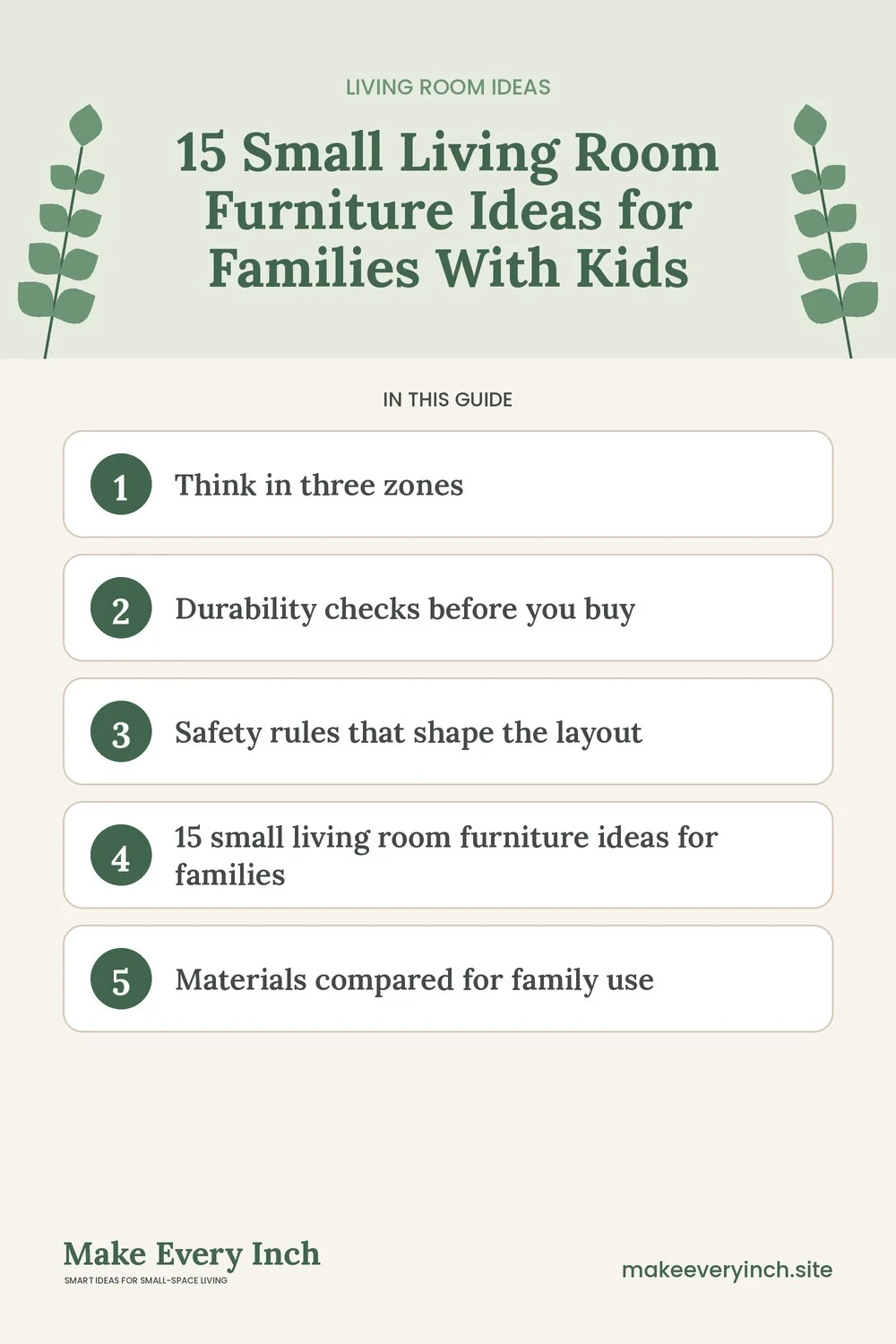 Pinterest pin listing the main topics in: 15 Small Living Room Furniture Ideas for Families With Kids