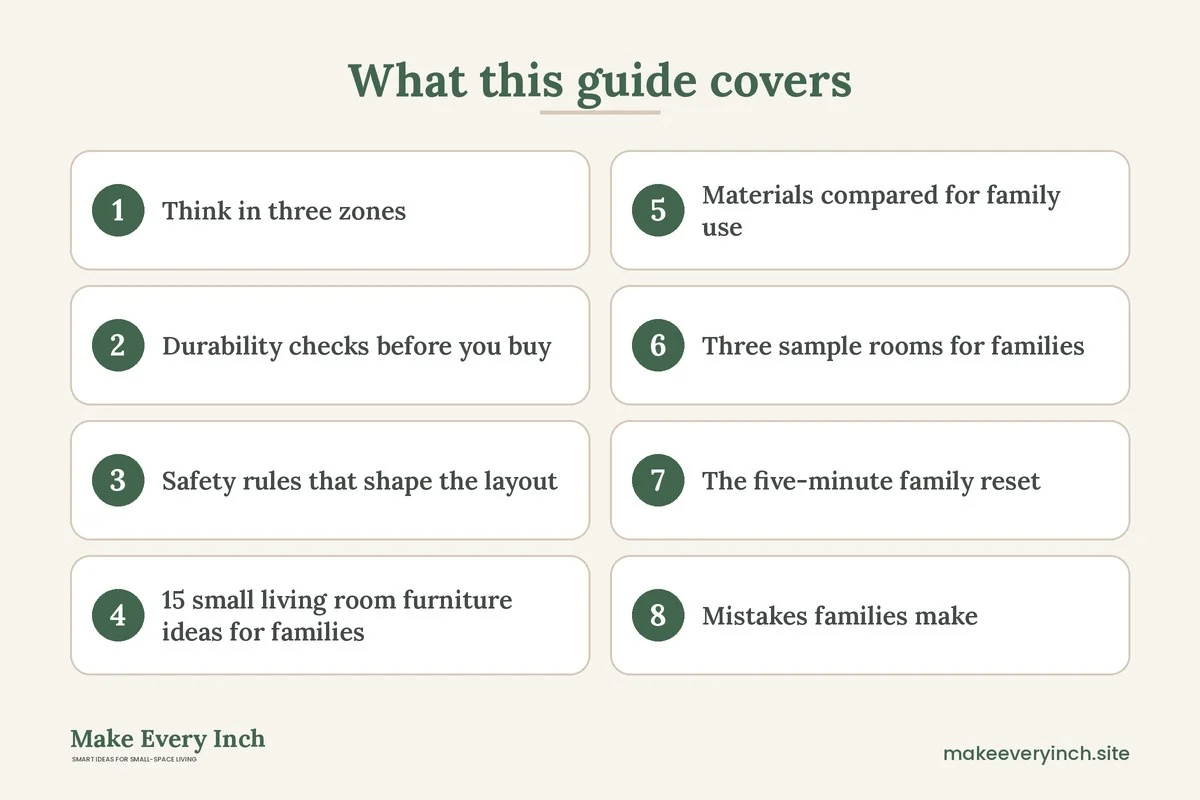 Graphic listing 8 topics covered in: 15 Small Living Room Furniture Ideas for Families With Kids