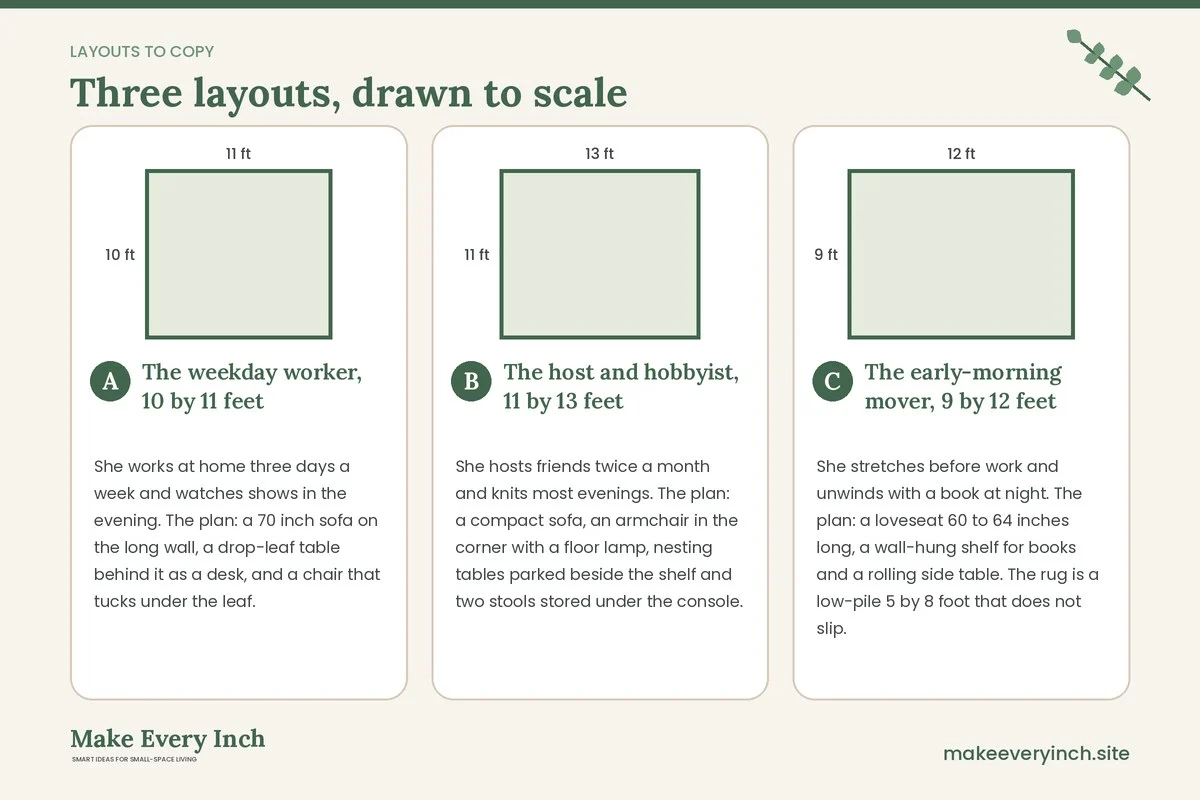 Three room layouts drawn to scale with dimensions and placement notes for: 15 Small Living Room Furniture Ideas for Women Who Use the Room for Everything
