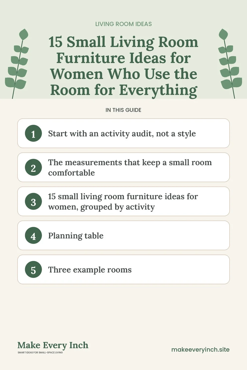 Pinterest pin listing the main topics in: 15 Small Living Room Furniture Ideas for Women Who Use the Room for Everything