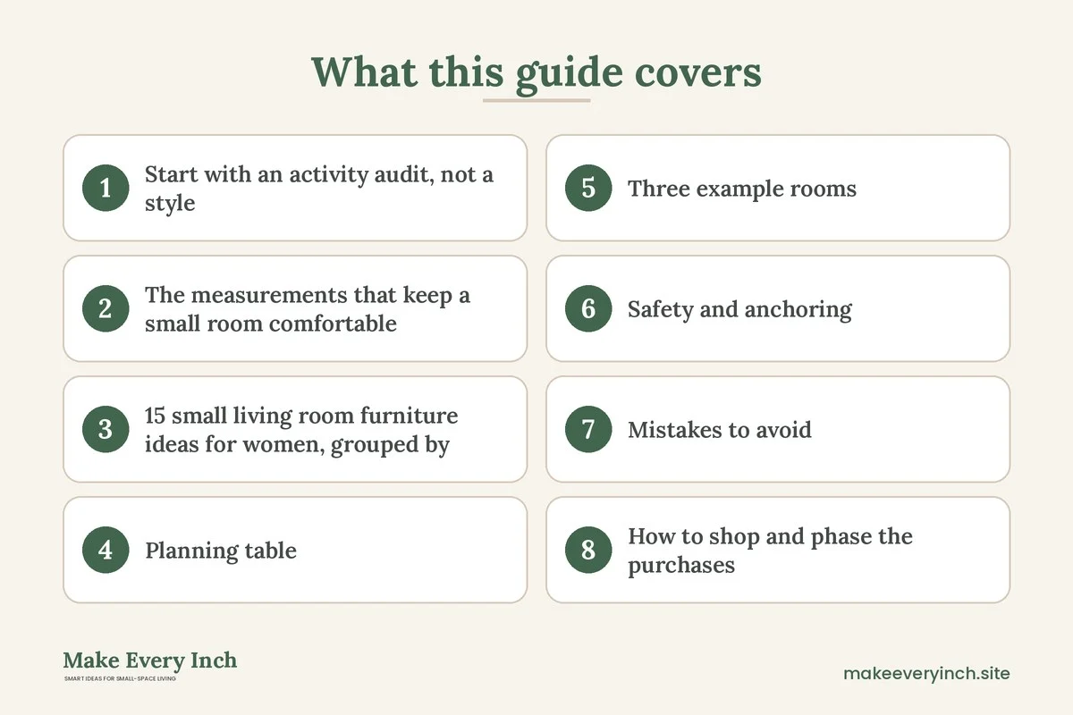Graphic listing 8 topics covered in: 15 Small Living Room Furniture Ideas for Women Who Use the Room for Everything