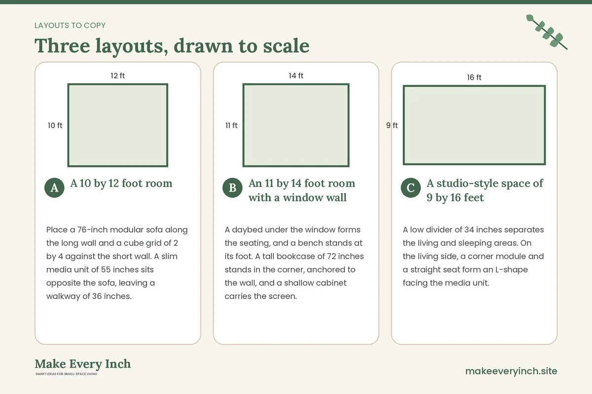 Three room layouts drawn to scale with dimensions and placement notes for: 15 Small Living Room Furniture Ideas IKEA Style Flat-Pack Can Handle