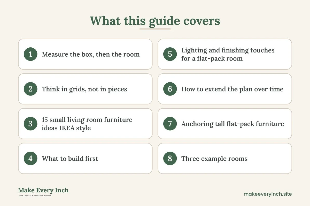 Graphic listing 8 topics covered in: 15 Small Living Room Furniture Ideas IKEA Style Flat-Pack Can Handle