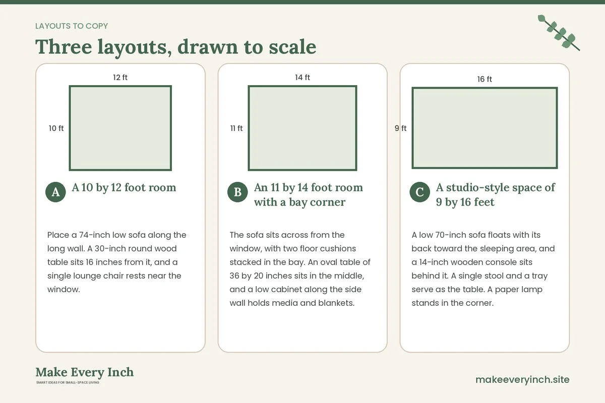 Three room layouts drawn to scale with dimensions and placement notes for: 15 Small Living Room Furniture Ideas Japandi Style Makes Easy
