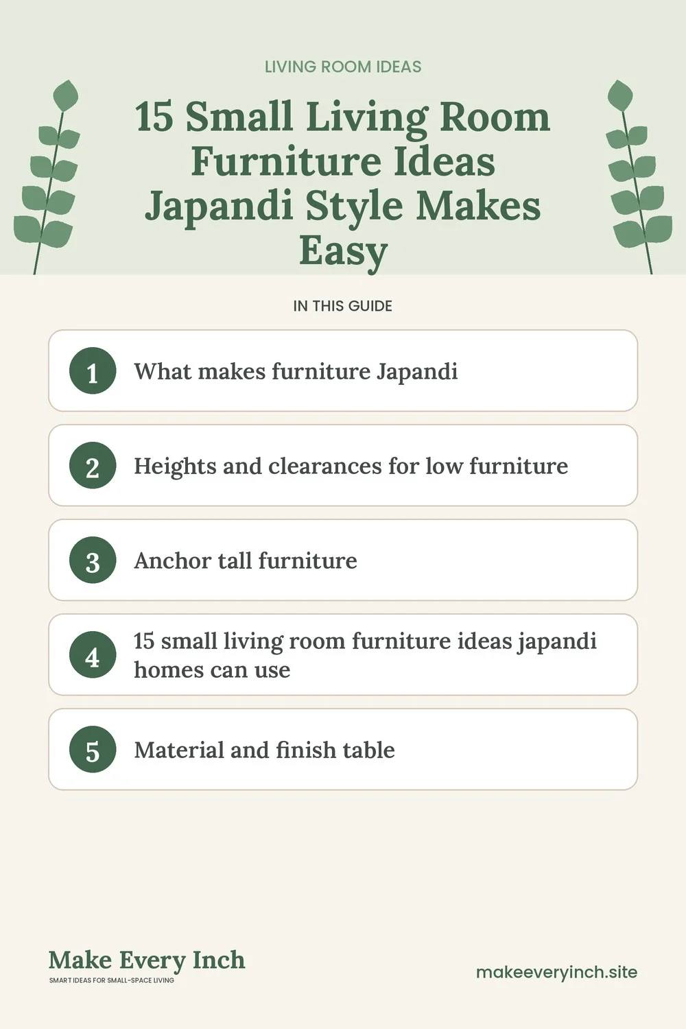Pinterest pin listing the main topics in: 15 Small Living Room Furniture Ideas Japandi Style Makes Easy