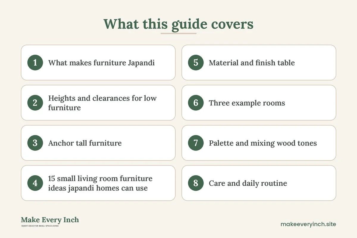 Graphic listing 8 topics covered in: 15 Small Living Room Furniture Ideas Japandi Style Makes Easy