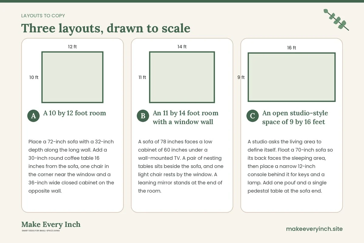 Three room layouts drawn to scale with dimensions and placement notes for: 14 Small Living Room Furniture Ideas Minimalist Renters Can Actually Live With